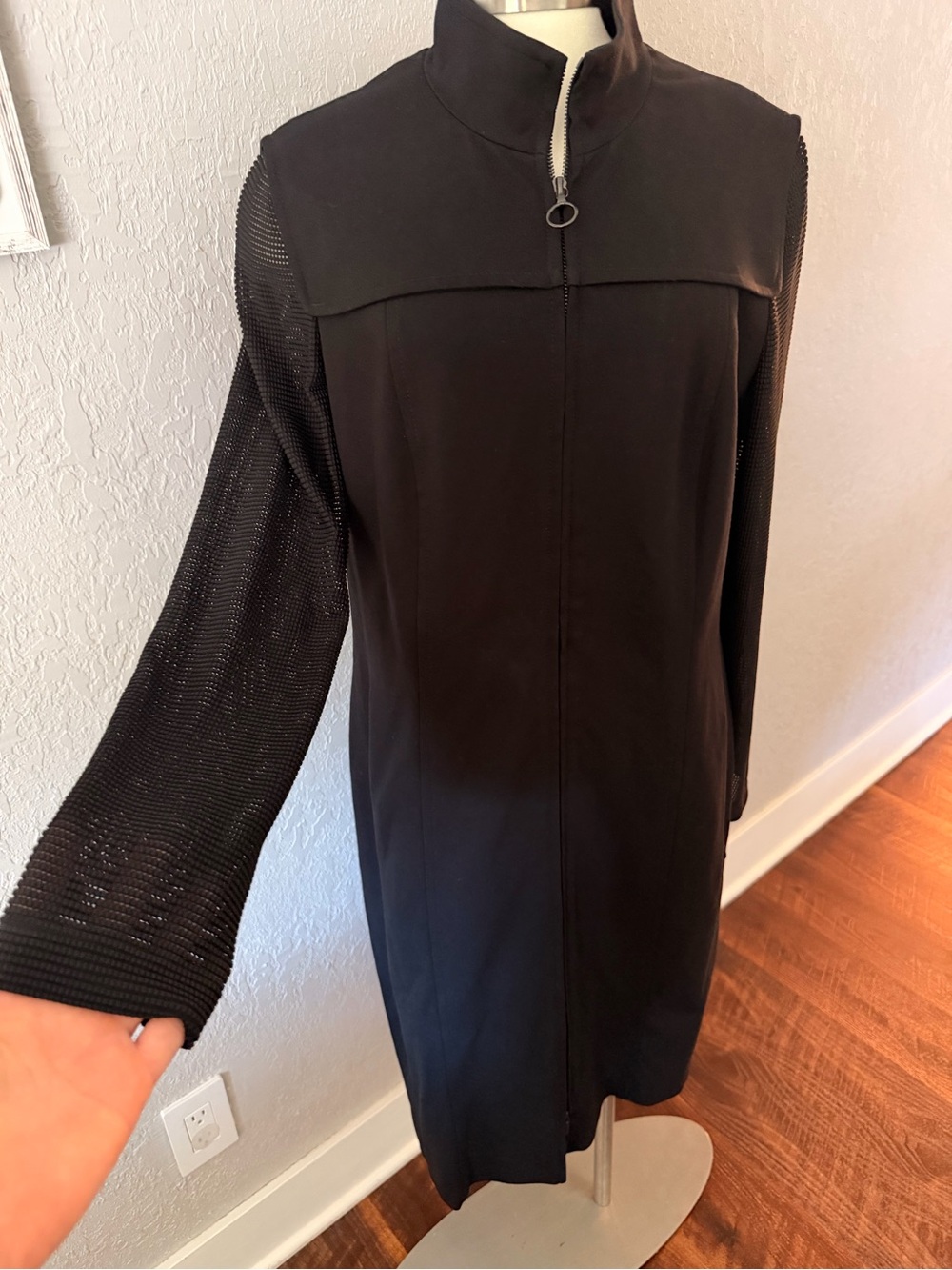 Akris Punto Dress | Akris Punto Zip Front Viscose Knit Coat Mesh Sleeve Black 12